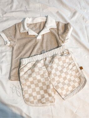 Lila & Jack Beige Terry Polo & Checkered Swim Shorts Set Neutral Two-Piece 2T